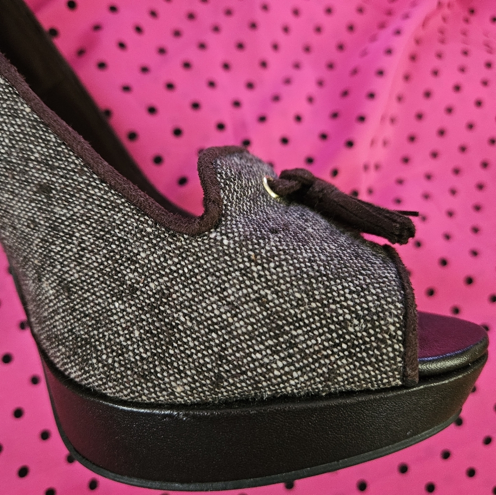 Christian Siriano Brown Peep Toe Tweed Vintage Preppy Tassel Heels Sz 9 - Picture 5 of 8